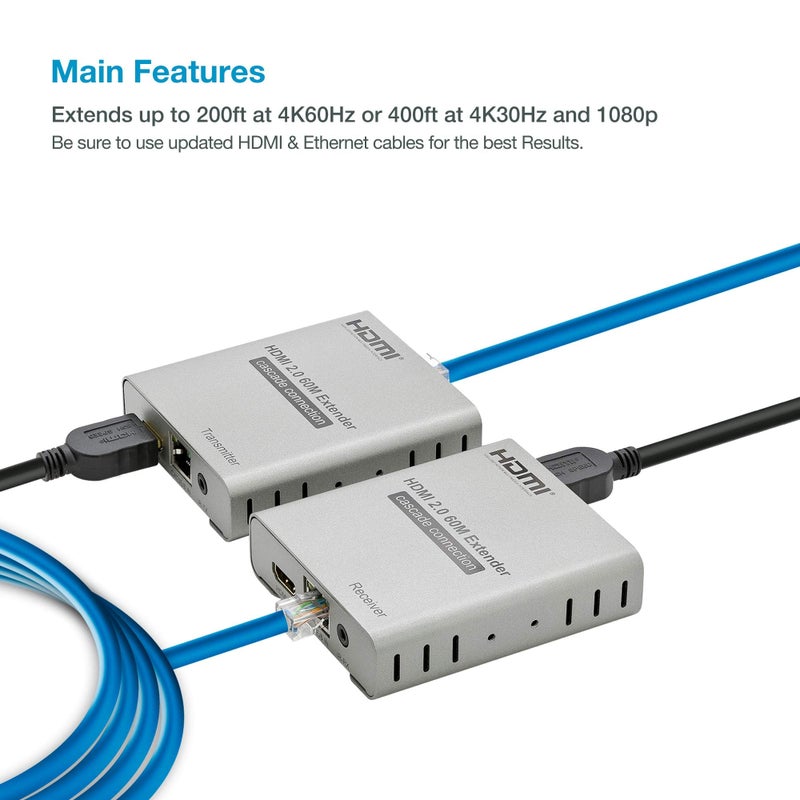 Expert Connect ET4K60M 4K@60Hz HDMI 2.0 Extender Over Cat6/Cat7 up to 200 ft, HDR10, HDCP 2.2, 18 Gbps, IR Pass-Through, HDMI Loop-Out, Cascading, Metal Housing â€“ TX/RX Kit - Image 2